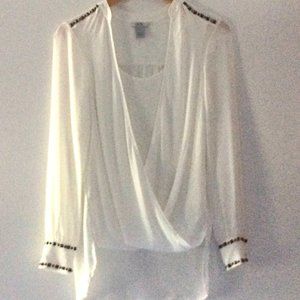 Cache’ Long Sleeve *WHITE* Blouse w/ Studded Accents Retail $118